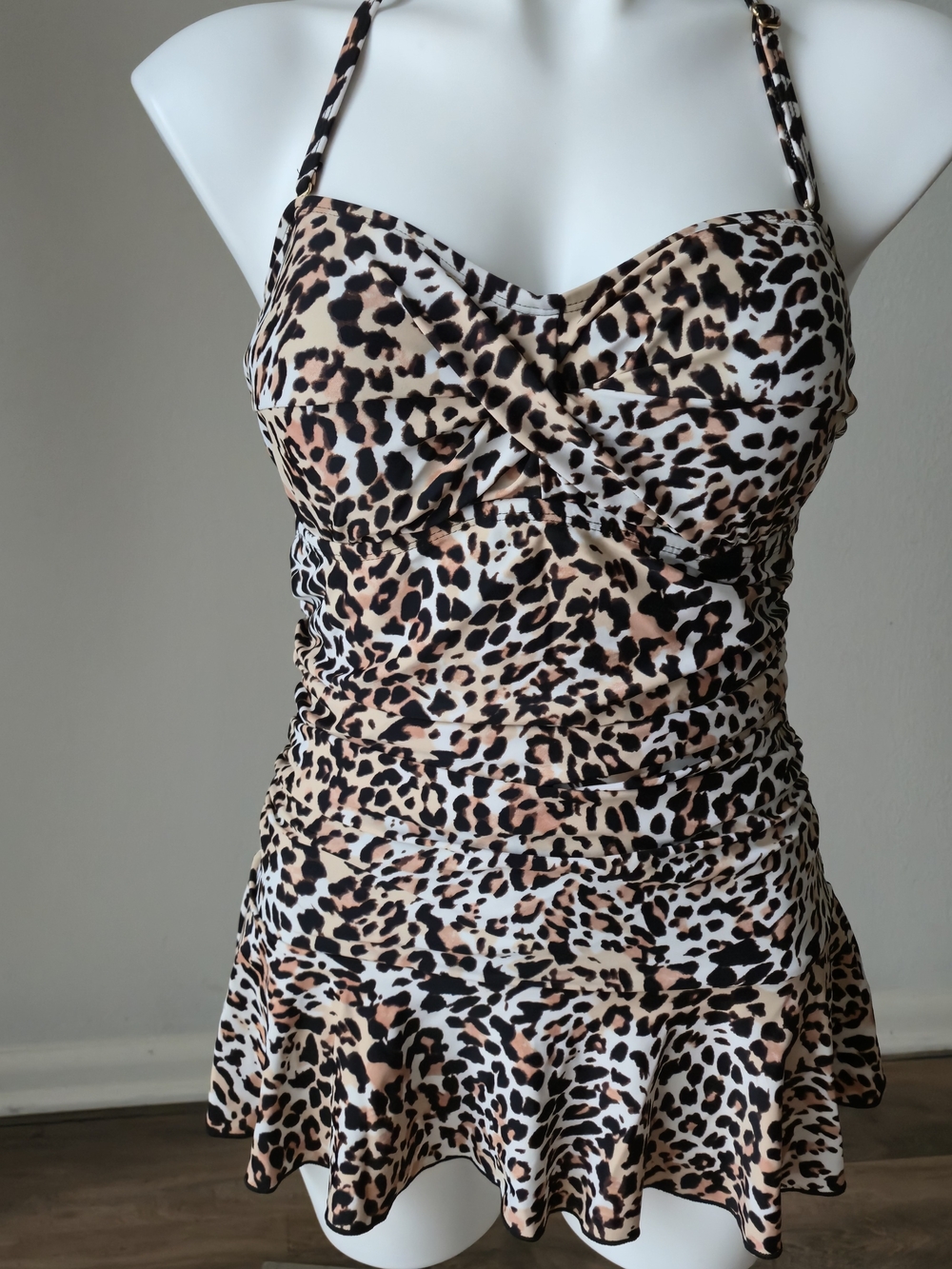 Leopard Print Swim Dress - Black, Tan & Cream